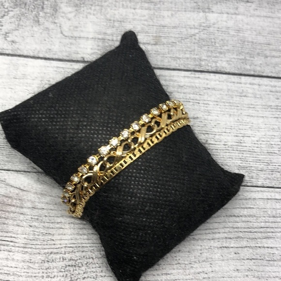 𝅺Vintage gold tone elegant glam costume chain tennis bracelets bundle 3 layer. - Picture 1 of 5